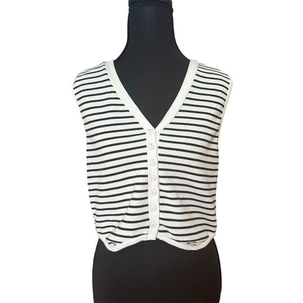Atelier‎ white black striped cropped button front vest SIZE XL